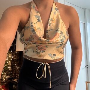 Satin gold and floral cropped top. Size S